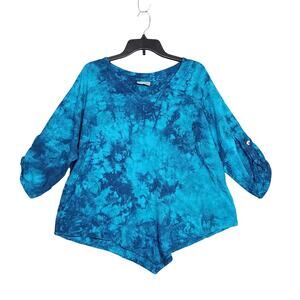 CottonWays Dorie Top Gauzy Asymmetrical 3/4 Sleeve Blue Tie Dye‎ Boho Lagenlook